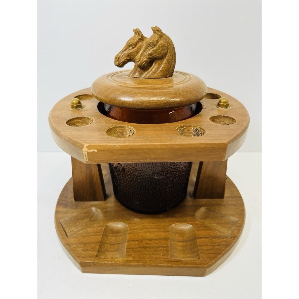 Wood Pipe Holder Stand 9 Holes  Glass Tobacco Jar Humidor Horse Head Finial vtg
